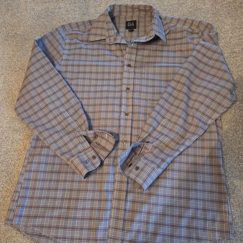 Mens Jos A Banks Traveler Dress Shirt LARGE Tailored Fit Multicolor Plaid